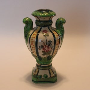 Small green & white vase, Made in Japan, 8" tall with 1.5" opening