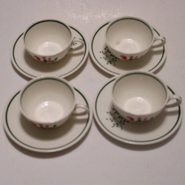 SET of FOUR Steubenville china 6oz teacups and saucers, Horizon "Family Affair" featuring Rooster, hen and chicks.