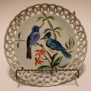 Ucagco 8,25&quot; traliebord met twee exotische vogels, gesigneerd Y.Mizutami