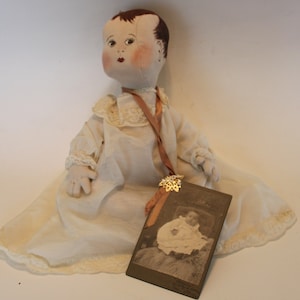 Beautiful vintage hand-made baby doll, &#39;Angela&#39; as a baby complete with photograph of Angela