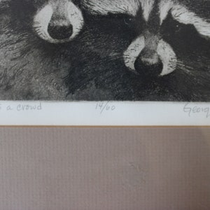 George Engle (1932-1983) signed etching &#39;Two&#39;s A Crowd&#39; with two racoons. Number 14 of just 60