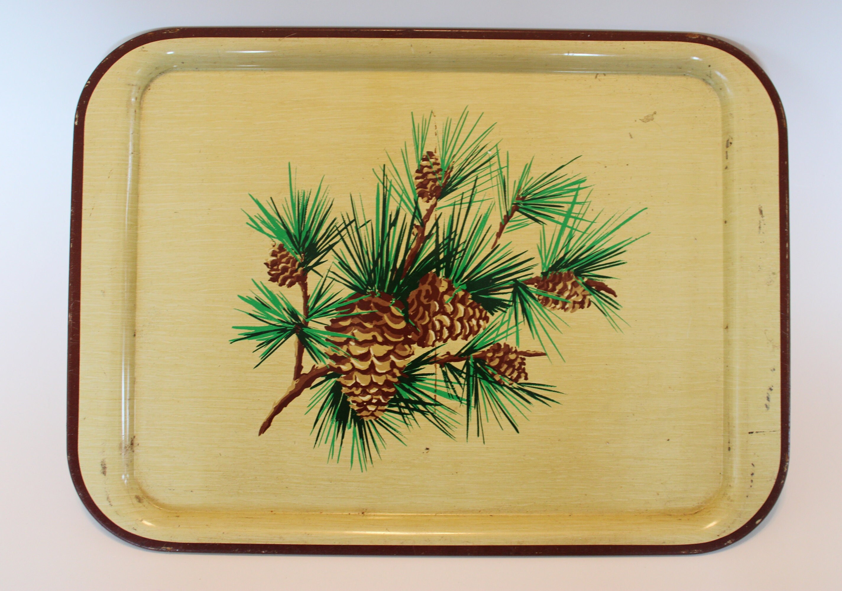 Vintage brown-trimmed pine cone TV trays 17.5" x 12.75"
