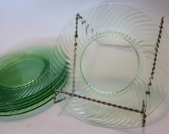 Set of six vintage Pyrex green glass salad dishes, the famous swirl pattern. 8.125&quot; diameter