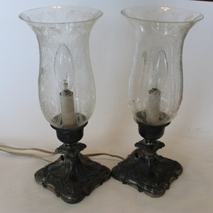 Pair of Cephas B. Rogers hurricane table lamps, silver-plate, etched glass, historic! Great condition, but one lamp is missing felt base.