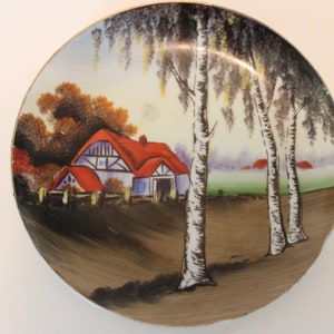 Handpainted plate, birch trees and red cottage 8 inch