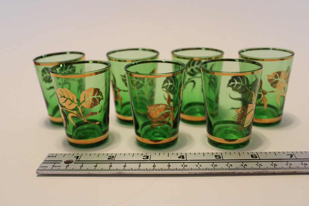 Set of Seven Green and Gold Shot Glasses With Gold Leaf Design Etsy