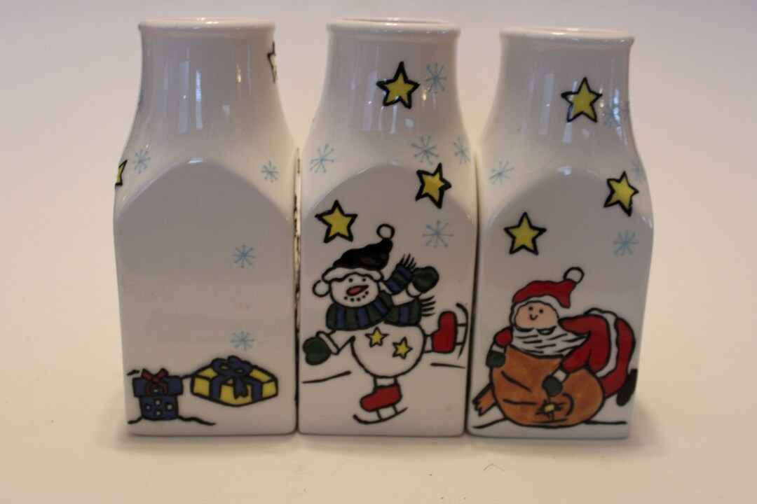 Set of Three Ganz Ceramic Christmas Milk Bottles, Depicting a Joinedup