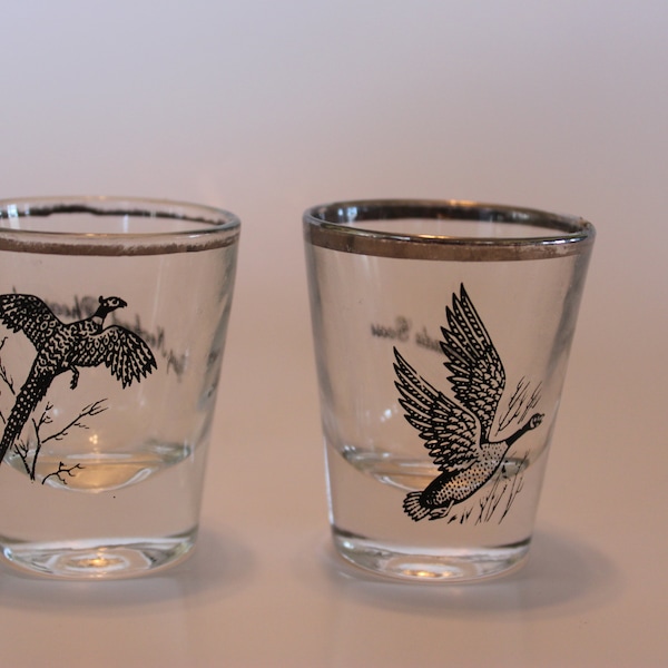 Pair of hunting shot glasses, ring necked pheasant and Canada goose