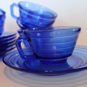 Set of SIX deep blue Depression glass teacups (6oz) and saucers (6.75&quot; diameter)