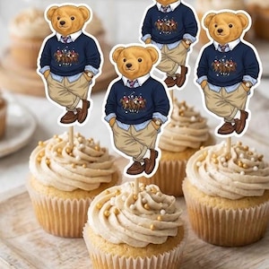 24 PCS Preppy Teddy Bear Cupcake Toppers 2 Inches Baby Shower Birthday Party Supplies Planner Preppy Fashion Preppy Bear Fall Autumn Plaid