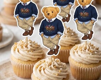 24 PCS Preppy Teddy Bear Cupcake Toppers 2 Inches Baby Shower Birthday Party Supplies Planner Preppy Fashion Preppy Bear Fall Autumn Plaid