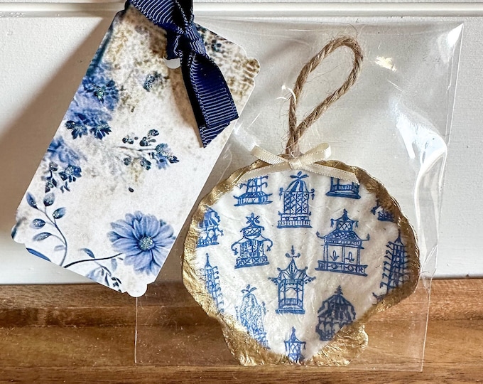 Beautiful Decoupaged Shell Christmas Ornaments - Blue and White ...