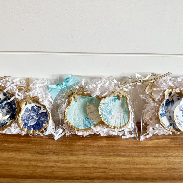 Set of 2 Decoupaged Shell Christmas Ornaments - Blue and White- Chinoiserie - Grand Millennial- Holiday Cocktails- Choose from 3 Styles