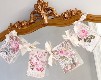 French Country Shabby Chic Vintage Inspired Pink Rose Decorative Garland