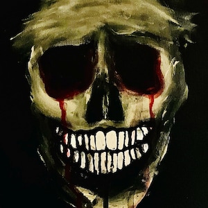 May include: A painting of a skull with a white bandage over its forehead. The skull has red eyes and blood dripping down its cheeks. The skull is smiling with its teeth showing.