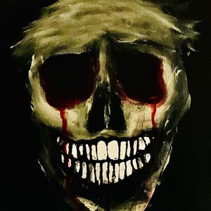 May include: An oil painting of a skull with a wide, toothy grin and blood dripping from the eyes. The skull is painted in shades of white, beige, and black, with red accents. The background is black.