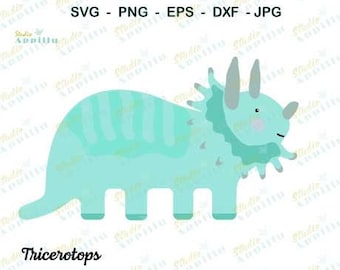 May include: A light blue cartoon Triceratops illustration with a striped body, three horns, and a frill. The image includes the text "SVG - PNG - EPS - DXF - JPG" and the word "Tricerotops".