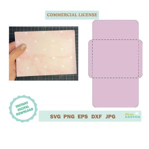 May include: A pink patterned paper held by a hand, next to a lilac envelope template. The paper has a diamond pattern. Text includes "COMMERCIAL LICENSE" and "INSTANT DIGITAL DOWNLOAD". File formats: SVG, PNG, EPS, DXF, JPG.