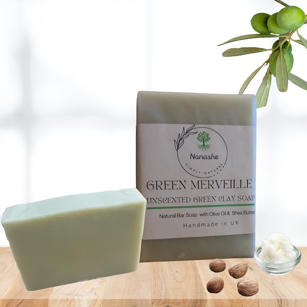 Green Merveille Unscented Green Clay Soap, All Types Skin, Natural Bar Soap, Vegan , Palm Oil Free for Women and Men