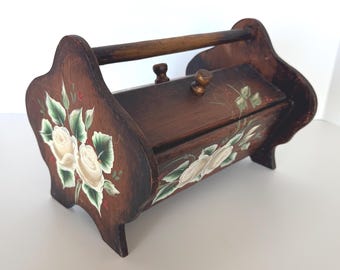 Vintage Wooden Sewing Box with Hand-Painted White Flowers, Rustic Storage Caddy