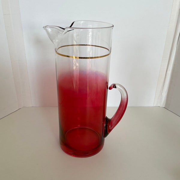 VTG Blendo Rose glow or "Cranberry" Tall Glass Pitcher/Ombre Red & gold trim/West Virginia Specialty Glass Co/colored glassware/Mid Century