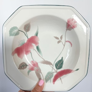 Set of 5 Vintage Mikasa Continental "Silk Flowers" Octagon Salad Plates/retro dishes/Soup Bowls/VTG Kitchen/Pink & Green Floral Plates/1980s