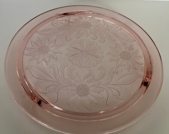 Vintage 1930s Jeannette pink depression glass 3 toed cake plate/sunflower pattern/VTG colored glassware/Etched Flowers/Trivet/Pink glass