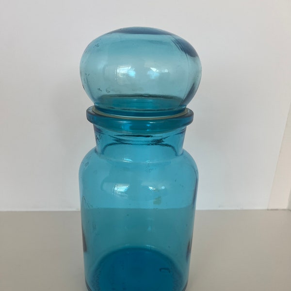 Blue Bubble Glass Jar/Made in Belgium/apothecary jar/VTG colored glassware/Belgium Glass/Storage Jar/Bubble Top Lid/MCM Glass/Mushroom Lid