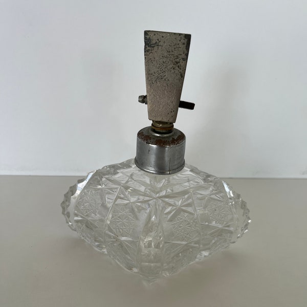 Vintage Art Deco diamond shaped perfume bottle-cut glass with metal collar/no sprayer but u can add one/retro perfume bottle/vanity tray/HTF