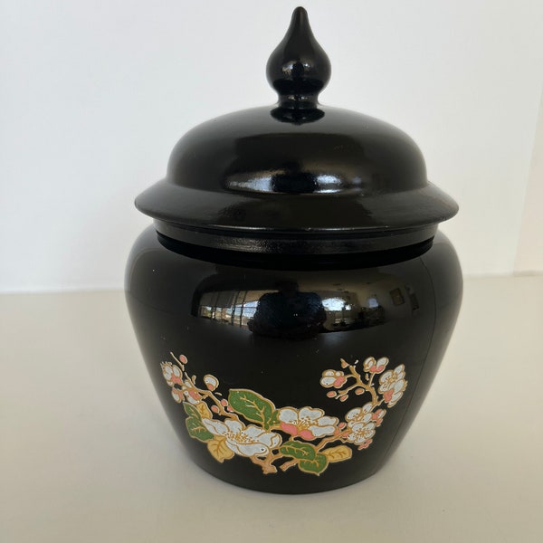 Vintage 1970s Avon black glass ginger jar with lid/trinket jar/vanity table/Asian decor/Lotus Blossoms/Chinoiseries/candle holder/stash jar