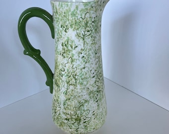Vintage Pottery Green Carafe Coffee-Tea Pot-Pitcher/Long Handle/Leaf Design/Hand Painted/Green Pottery/Handmade/VTG/RARE/Avocado Kitchen