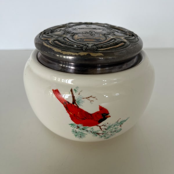 Cardinal ceramic Jar/Ring dish/bird jar/bird decor/Red Cardinal lidded trinket jar/change or catch-all dish/patina tin or metal lid