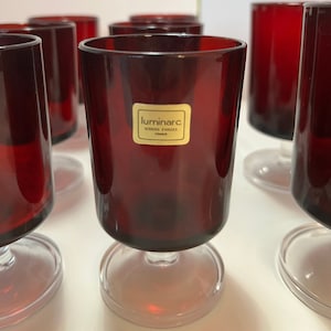 Set of 12/Vintage Ruby Red Glasses/Mid Century Luminarc Cavallier Cocktail Glasses - Stamped France - Retro 1970&#39;s Drink Glasses-2 sizes
