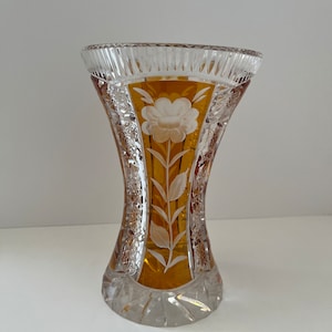 Julia Glassworks Vintage Amber and Crystal Vase Made in 1960s Poland