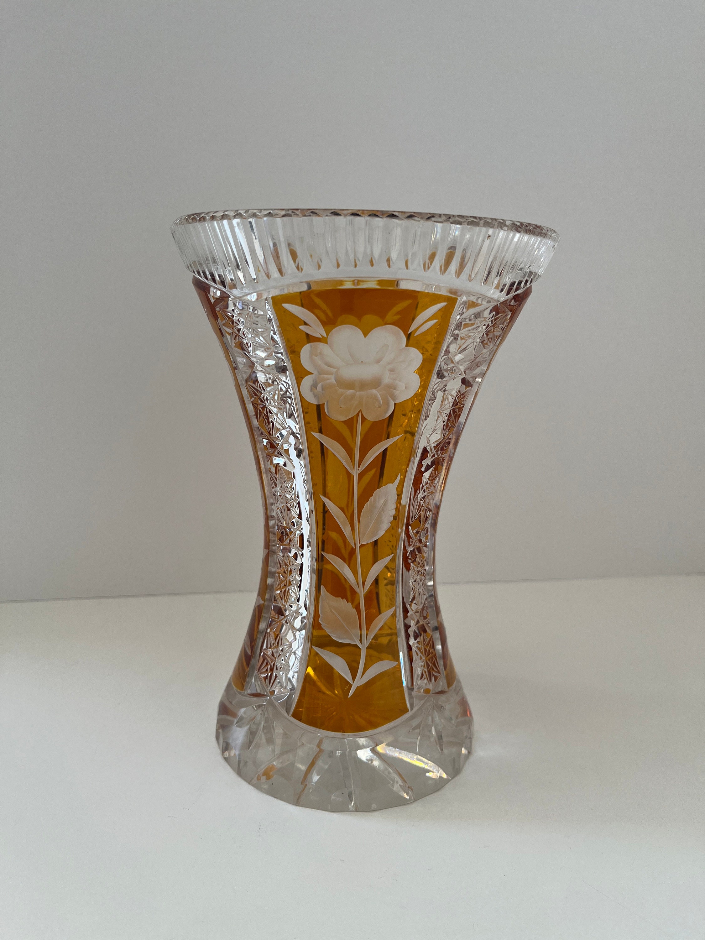 Julia Glassworks Vintage Amber and Crystal Vase Made in 1960s