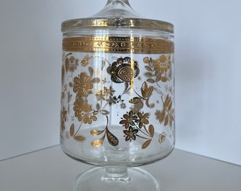 Culver Gold and Glass Candy Jar/Trinket Jar, Culver Chantilly, Candy Jar, MCM, Small Decorative Glass Jar, Home Decoration, Floral Motif,