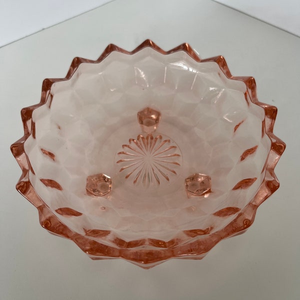 Pretty in Pink Depression Glass/Jeanette Pink 3-Footed Geometric Cubist Glass Candy Dish/Trinket Dish/Vintage Bon Bon dish/1930s/Pink glass