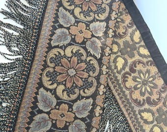 Vintage Brown Floral Fringe Table Runner/Retro Autumn Tablescape Fabric