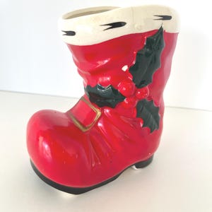 Vintage Lefton Red Santa Boot Planter/Kitschy Christmas/Retro Holiday/Vintage Christmas/Ceramic Planter/Mid Century decor/Holly and Berries