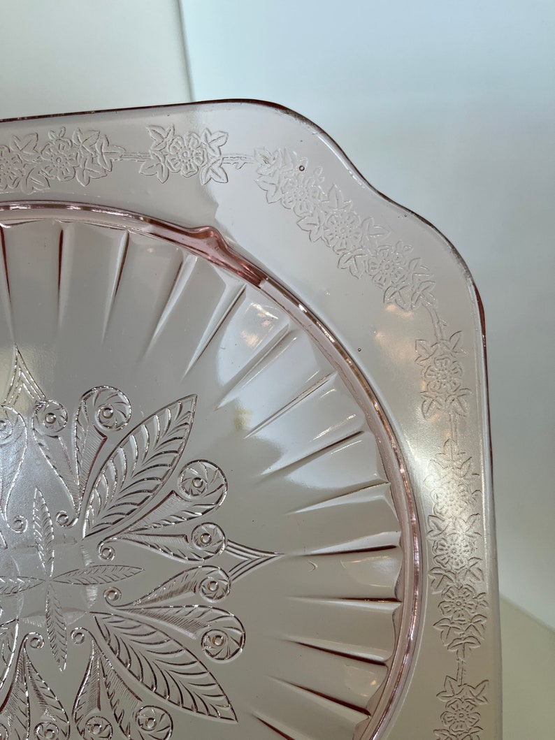 1930s Pink Depression Glass Square Footed Cake Plate Made by Adam Patternvintage
