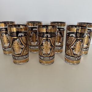 Set of 7 Vintage Culver Black and 22K Gold tumblers-signed/Mid Century/retro drinkware/vintage barware/highball cocktail glasses/RARE/HTF