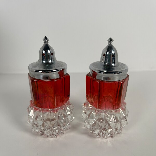 Vintage Indiana Glass King's Crown Salt and Pepper Shakers/Red and Clear Glass/Diamond Point/Heavy footed shakers/1970s/vintage kitchen/RARE