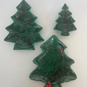 Lefton Holly collection Christmas Tree Shaped ceramic Plate+ 2 hobbiest trees/nesting candy dishes/Trinket dish/vintage Christmas/spoon rest