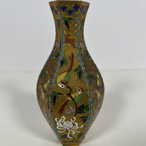 Chinese Cloisonné miniature brass vase with blue enamel/Asian Tiny Vase With Bird & Botanical Pattern/Vintage Small Vase/Collectible/Heavy