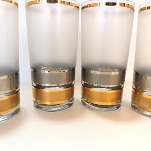 Set of 4 Vintage Culver Regency Silver & Gold Band Frosted Glass Highball Cocktail Tumblers/metallic/22k gold/retro drinkware/MCM/glasses
