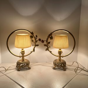 Vintage Ornate pair French-Style boudoir table lamps with shades/Rococo Victorian/Tole Porcelain Floral Brass Lamp/Hollywood Regency Decor