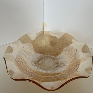Jeannette-Iris & Herringbone-Marigold Ruffled Rim Large 12-inch Glass Serving Bowl Iridescent-Carnival Glass Bowl-Marigold Carnival Glass