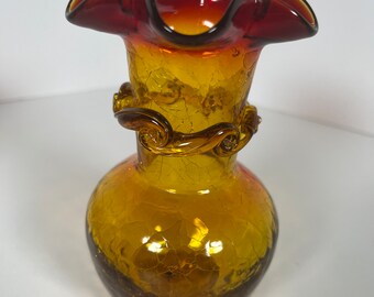 RARE Yellow & Red Crackle glass braided vase/rare crackle glass/Amberina crackle glass/vintage glassware/colored glassware/Rigaree vase/VTG