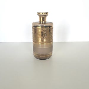 Vintage Bohemian smoked tawny glass decanter with gold floral design & gold accents-does not include the stopper/MCM barware/perfume bottle