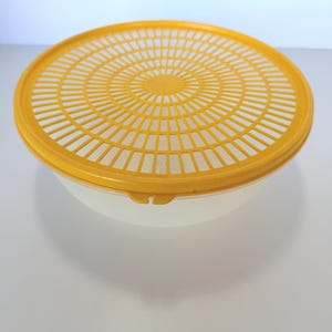 May include: A yellow plastic colander with a circular design. The colander has a perforated lid and a clear, rounded bowl. The lid is a bright yellow, and the bowl is translucent. The colander is designed for draining and rinsing food items.